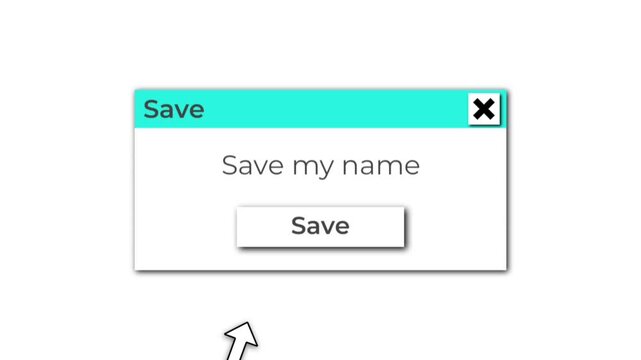 Minimal Save Dialog Window Animation with Save Button and Pointer Cursor, Ideal for Software UI, Application Tutorials, User Interface Demonstrations, and Technology Presentations