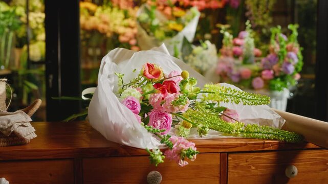 Fresh flower bouquet wrapped in paper lying on wooden counter in florist shop. Footage ideal for small business marketing and florist e-commerce promotion