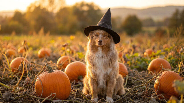 Golden Retriever Wearing Witch Hat in Pumpkin Patch at Sunset During Autumn