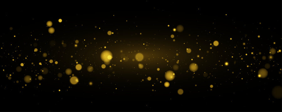 Twinkle confetti, gold confetti with small yellow circles particles on a night background. Glowing sparkle, abstract festive glitter texture for celebration vector design.