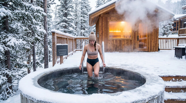 Woman getting out of steaming outdoor hot tub in snowy winter landscape. Wellness retreat and cold weather bathing concept for travel and spa.