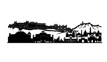Obraz premium Jaipur skyline black silhouette vector illustration featuring Pink City landmarks and Indian heritage design