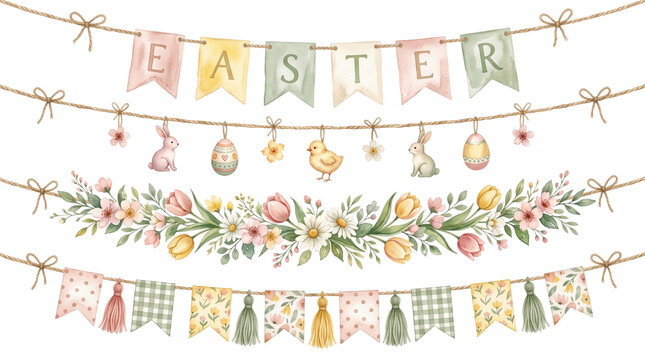 Watercolor easter bunting garland rows with cute bunny chick and colorful eggs 