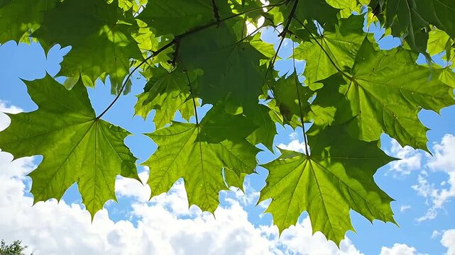 Bright green maple leaves against a clear blue sky with soft white clouds