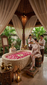Woman enjoying spa treatment at resort. Relaxation and wellbeing concept with face mask and foot scrub for body care. Tropical luxury vacation.