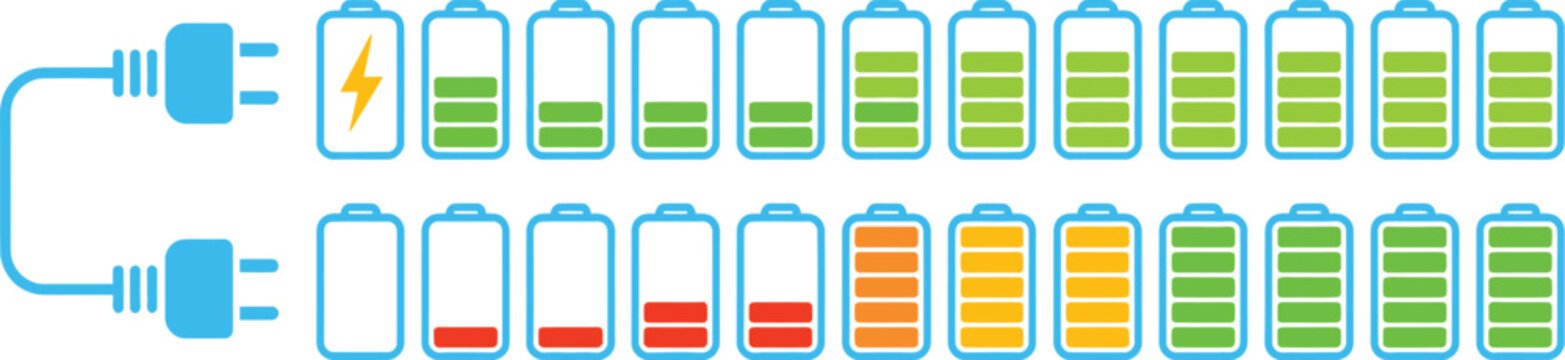 Battery Level Indicator icon set featuring charging status symbols power energy full low and empty battery signs vector