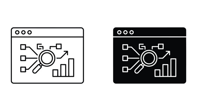 Web analytics and data research dashboard icon set with search and growth chart symbols in linear and solid black styles for SEO marketing and website performance monitoring user interfaces