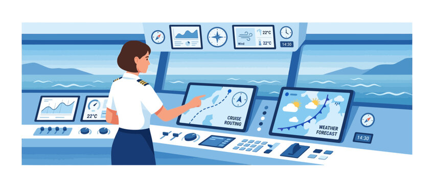 Female Captain Navigating Ship on Bridge with Digital Displays and Sea View