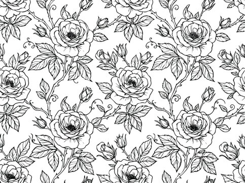 Elegant botanical floral sketch wallpaper with rose blossoms