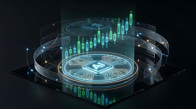 Dynamic financial market visualization with glowing lines and candlestick charts, representing economic trends and technological analysis on a dark, futuristic background
