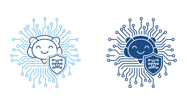 Secure cloud computing artificial intelligence icon set featuring a smiling robot head with circuit board patterns and a shield in linear and solid styles for digital safety projects