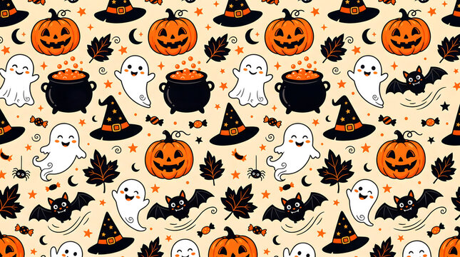 Halloween themed pattern with pumpkins ghosts bats and witch hats on beige background with orange stars