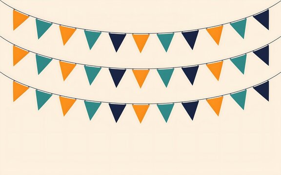 Three rows of hanging triangular bunting flags in orange teal and dark blue colors on a light cream background
