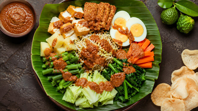 A flat-lay shot featuring colorful Indonesian gado-gado salad complete with peanut sauce, assorted vegetables, tofu, tempeh, and crackers served on a banana leaf a traditional Indonesian dish.