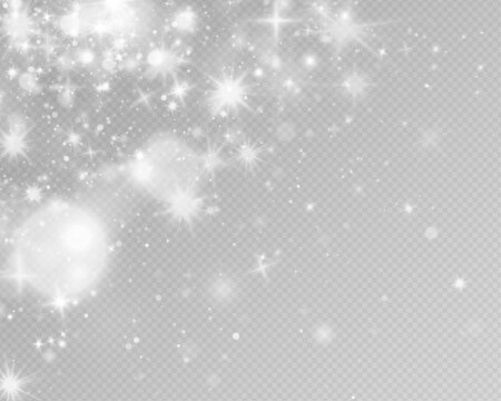 Radiant lens flare shines through transparent background surrounded by glitter dust and glowing particles. White bokeh adds depth and luminous sparkle. Vector PNG illustration isolated.