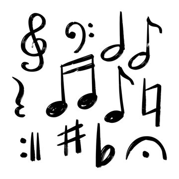 Hand drawn musical notes and symbols collection vector illustration set isolated on white background, black ink brush stroke style music elements
