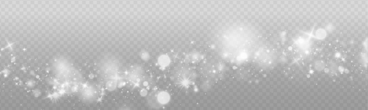 Radiant lens flare shines through transparent background surrounded by glitter dust and glowing particles. White bokeh adds depth and luminous sparkle. Vector PNG illustration isolated.