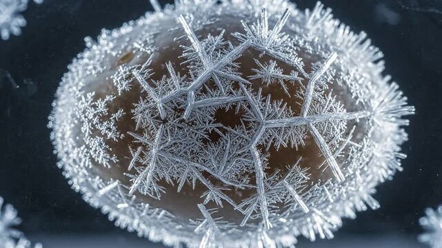 Sharp ice crystals growing over a spherical egg cell representing oocyte cryopreservation process