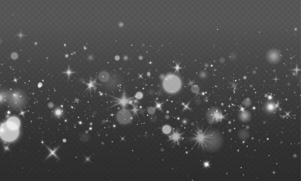 Radiant lens flare shines through transparent background surrounded by glitter dust and glowing particles. White bokeh adds depth and luminous sparkle. Vector PNG illustration isolated.