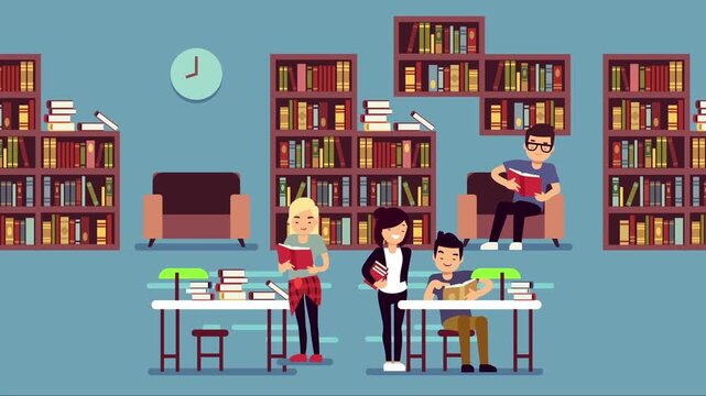2D Animated Library Study Room, Group of Students and School Kids Reading Books at Tables, Academic Public Education Concept Flat Vector Design