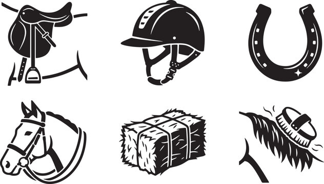 Equestrian icons, horse riding symbols, horse tack, horse accessories, black vector illustrations isolated on Transparent Background