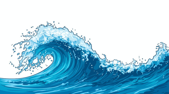 A large blue wave crashes on the ocean surface with water splashing.