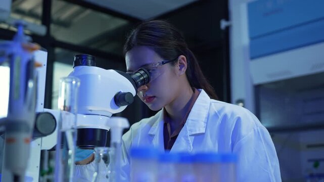 Young female scientist using a microscope for medical research in a modern laboratory for biotechnology
