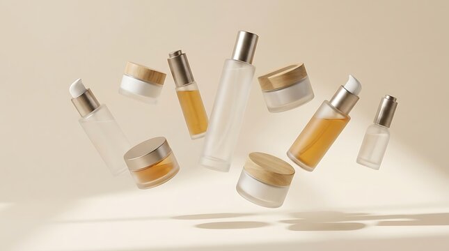 Various skincare cosmetic bottles and jars floating in mid air. premium skincare offers 