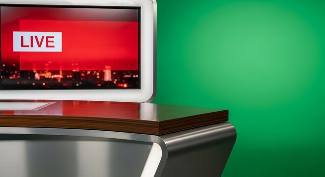 Empty modern news studio broadcast desk with a bright green screen and red live monitor