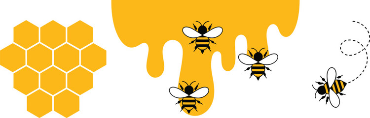 Bee and Honeycomb icon set featuring flying bee flight route flowing honey natural food and beekeeping elements vector © maruf 1