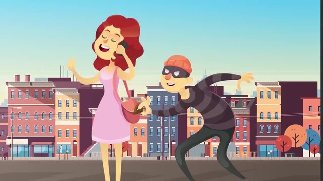 2D Animated Street Robbery Crime Scene, Thief Pickpocket stealing Purse from Woman on City Sidewalk Walkway, Urban Danger Vector Concept