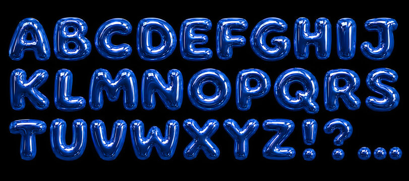 3D blue glossy balloon alphabet set isolated on black background