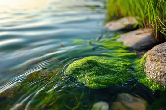 Polluted lake green algae on water surface near rock and grass, environmental pollution with calm rippled water and natural shoreline