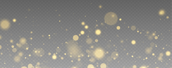 Fototapeta premium Magic glowing gold stars scatter brilliant glitter across transparent background with soft radiant beams. Yellow dust sparkle beside luminous bokeh circles. Vector PNG illustration.