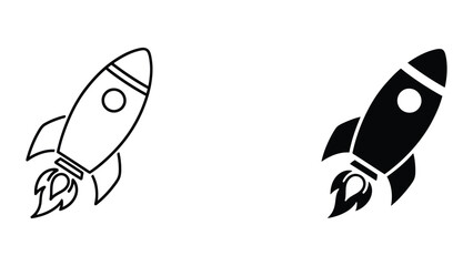 Professional Minimal Vector Icon Rocket ship taking off with flames vector icon Editable Stroke, Outline and Solid Style, Black Monochrome, Isolated on White Background © Saiful Stock