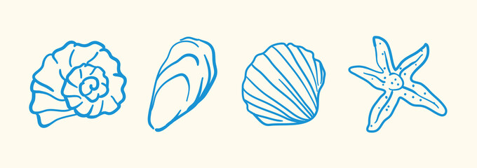 A charming collection of various, intricately detailed blue seashells in a linear style. Nautilus, scallops, bivalves, spiral shell. Great for beach branding and stickers, prints © norrhin