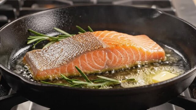 Sizzling salmon fillet cooking in a cast iron pan with fresh rosemary and melting butter