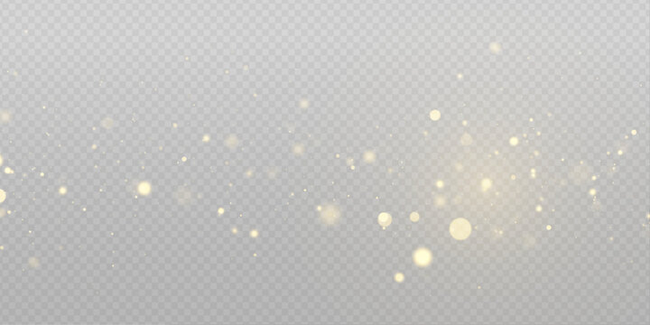 Yellow glitter dust glows in radiant light, blending shimmer, sparkle, twinkle bokeh. Particle stardust highlights flare sparks, glare, lens flare magical festive glow, PNG vector illustration.	