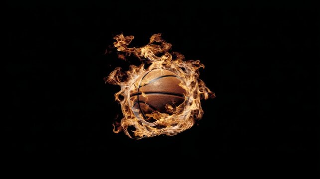 Fiery basketball wrapped in flames creating a dynamic sports concept with intense energy, competition, passion, power and dramatic motion for athletic achievement and game inspiration.