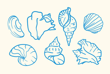 A charming collection of various, intricately detailed blue seashells in a linear style. Conch shell, nautilus, scallops, bivalves. Great for beach branding and stickers © norrhin