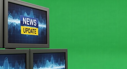 Fototapeta premium Multiple television screens displaying a breaking news update graphic against a vibrant solid green background screen