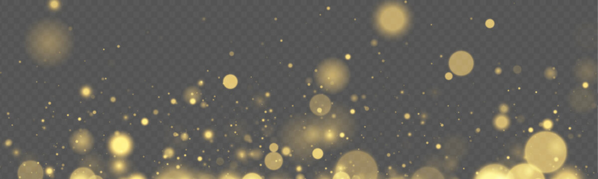 Glitter gold dust on transparent background with glowing bokeh and soft highlights. Floating shimmer particles sparkle naturally. Vector PNG illustration with light overlay and lens flare.