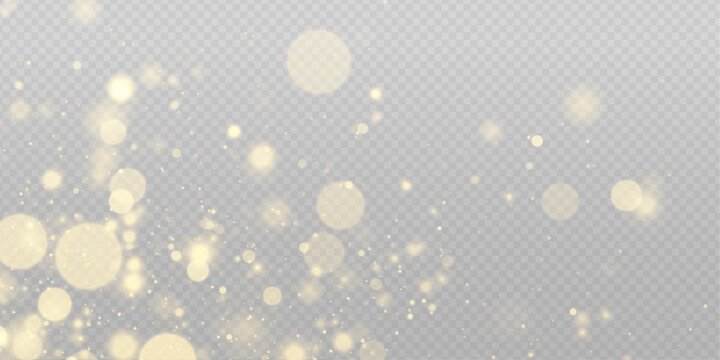 Glitter gold dust on transparent background with glowing bokeh and soft highlights. Floating shimmer particles sparkle naturally. Vector PNG illustration with light overlay and lens flare.