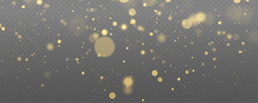 Tiny glitter dust floats gently. Christmas vector design overlay PNG. Gold sparks particles with glowing sparkles and magic light bokeh png. 