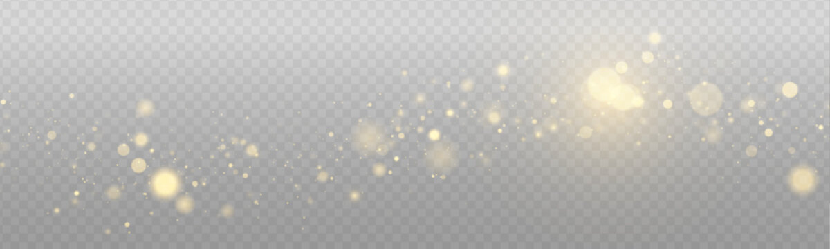 Bright bokeh circles blend into a festive glow. Golden light particles shimmer through transparent space with radiant glitter and luminous dust. Vector PNG illustration with sparkling texture.