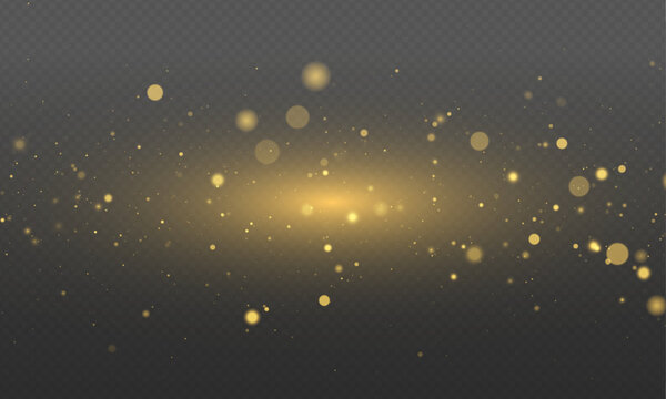Bright bokeh circles blend into a festive glow. Golden light particles shimmer through transparent space with radiant glitter and luminous dust. Vector PNG illustration with sparkling texture.