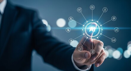 Fototapeta premium Business professional interacting with a glowing digital artificial intelligence interface in a modern dark office setting