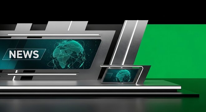 Modern news studio set design featuring a digital globe display and a vibrant green screen backdrop
