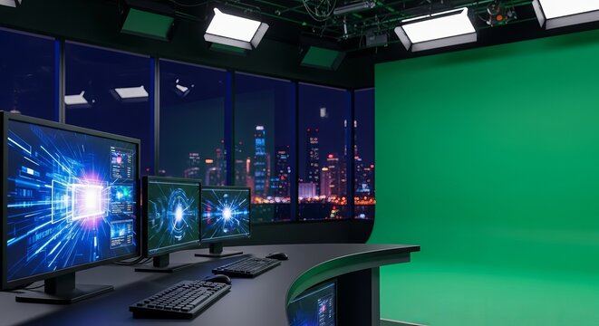Professional virtual broadcast studio setup featuring multiple computer monitors and a bright green screen wall