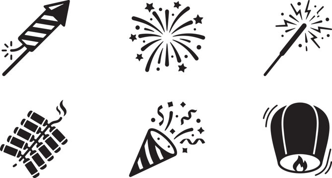 Fireworks icons, party symbols, celebration elements, black vector graphics isolated on Transparent Background